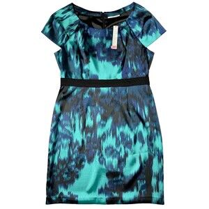 NWT $149 Tahari Rosalinda Midi Shift Dress Blue Black Teal Stretch Women Size 12